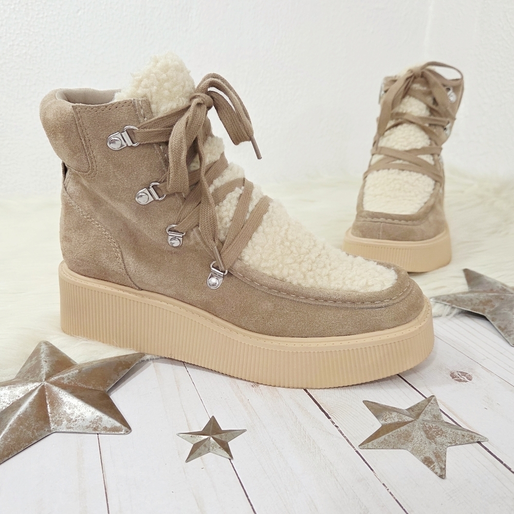 Dolce Vita Jasmin Lace-up Sherpa Boots Truffle Brown Suede Leather Ankle Sz 7.5